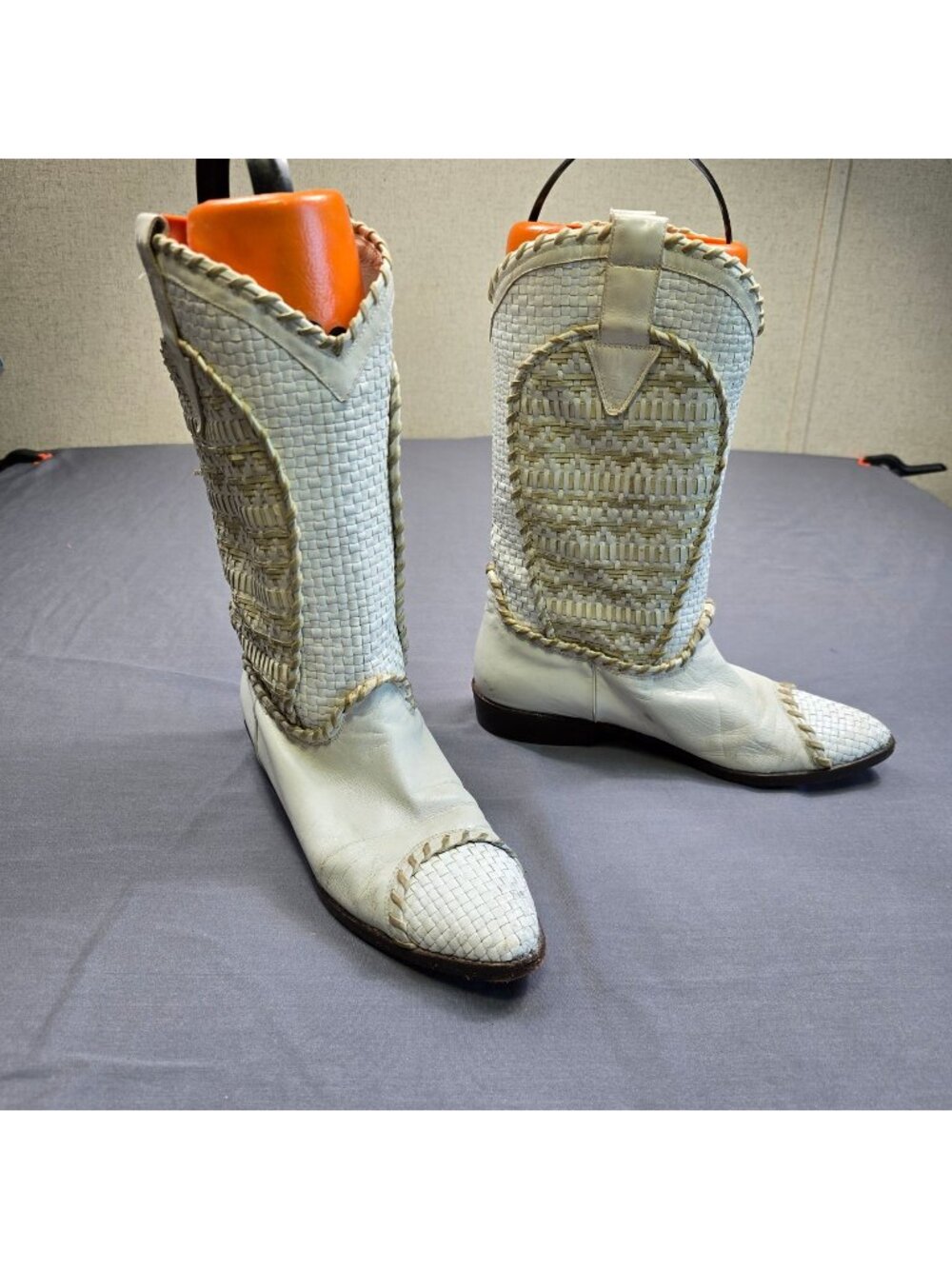 Vintage 80s Donald J Pliner Size 7 Western White Woven Leather Cowboy Boots